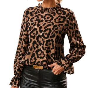 Leopard Print Ruffle long sleeve Blouse XL